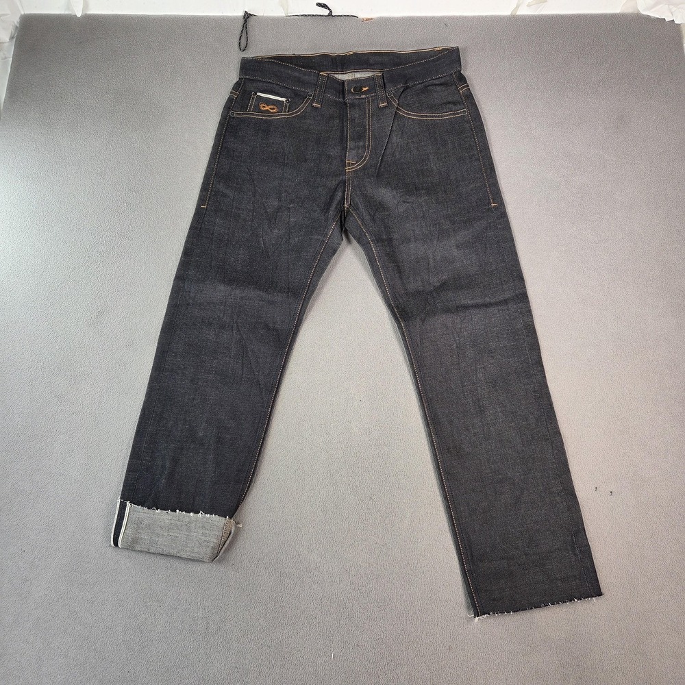 PLAC‎ Berlin Selvedge Jeans Mens Dark Blue Wash Slim Straight Raw Hem Fits 30x26